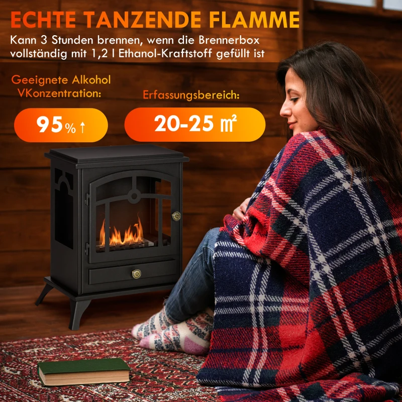 HOMCOM Bio-ethanolhaard, vrijstaand, 3 uur brandduur, tot 25 m², roestvrijstalen behuizing, zwart, 45 x 28 x 54 cm(m-4)