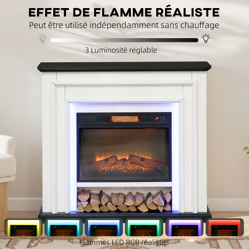 HOMCOM Cheminée électrique 1800W, fausse cheminée décorative lumières LED RGB, effet flamme, manteau, 105 x 27 x 97 cm, noir