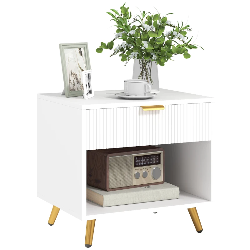 HOMCOM Mesa de Cabeceira Moderna com Gaveta Puxador Dourado e Compartimento Aberto 50x40x47 cm Branco