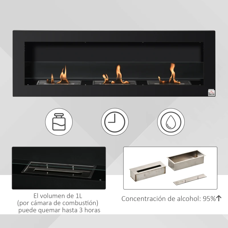 HOMCOM Chimenea de Bioetanol de Pared con Tanque de 1 L Tiempo de Combustión 3H para Interiores 20 m² 120x15x40 cm Negro