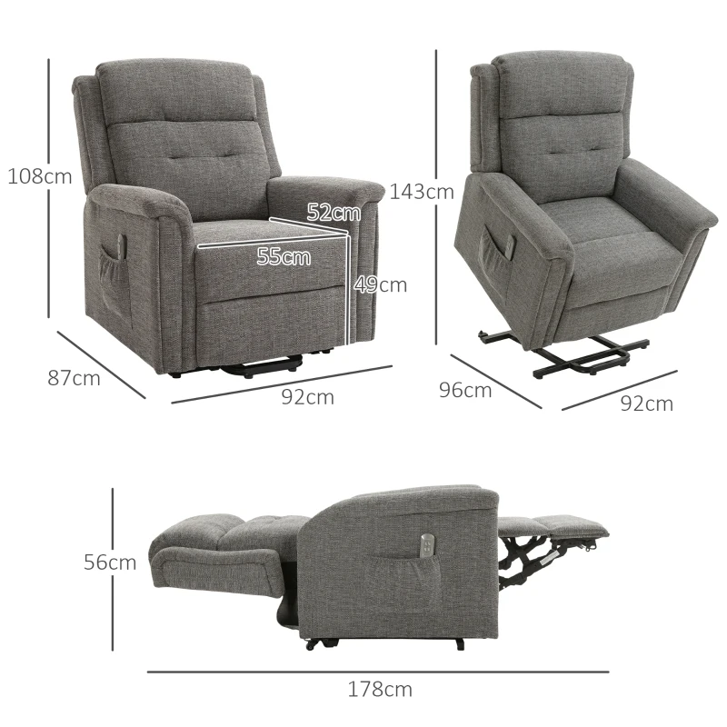 HOMCOM elektrische relaxfauteuil met opstahulp incl. afstandsbediening staalgrijs