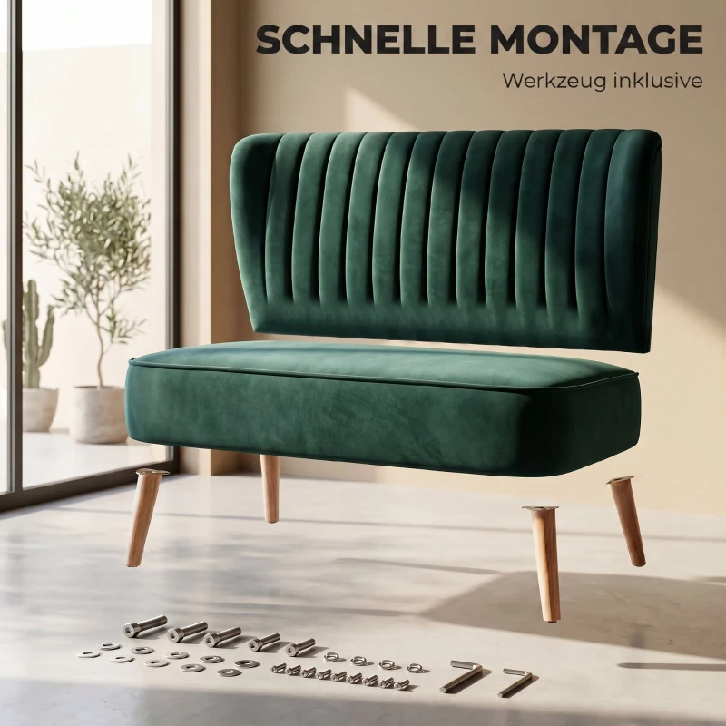 HOMCOM Retro design 2-zitsbank, houten poten, 117 cm x 56,5 cm x 77 cm, donkergroen