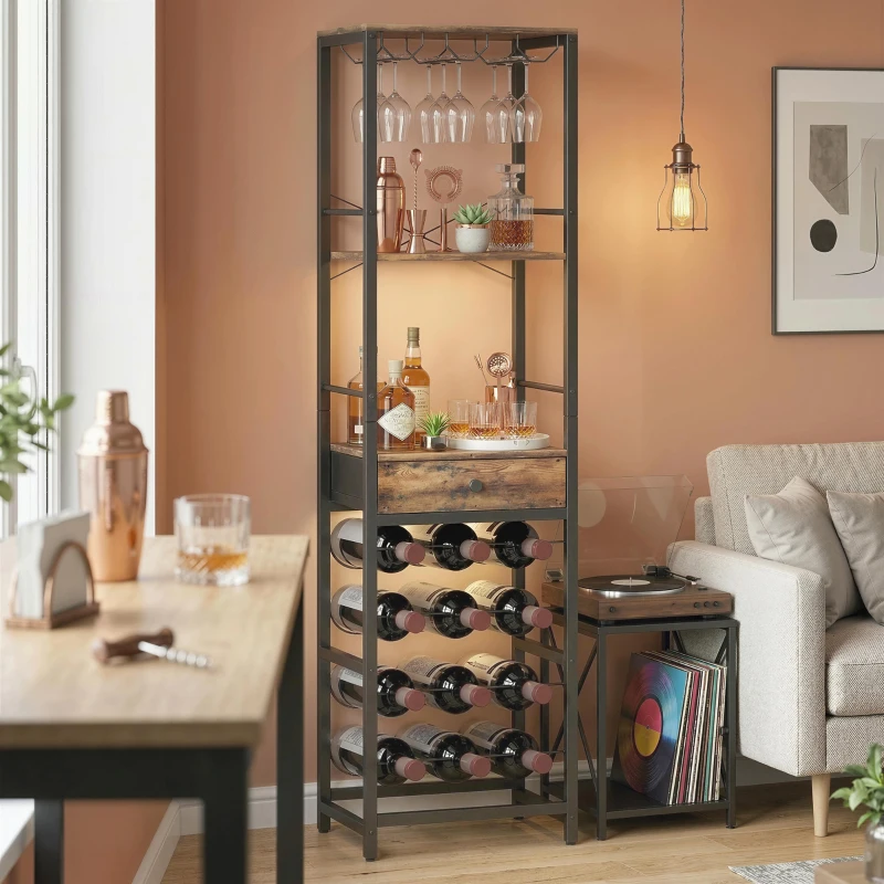 HOMCOM Weinbar-Schrank mit Schublade, Industrieller Barschrank, Weinregal für 12 Flaschen, Glashalter, Rustikal Braun