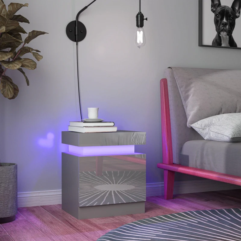 HOMCOM Mesa de Cabeceira com Luz LED Painel de Alto Brilho 2 Gavetas e Controlo Remoto para Dormitório 45x35x52 cm Cinzento