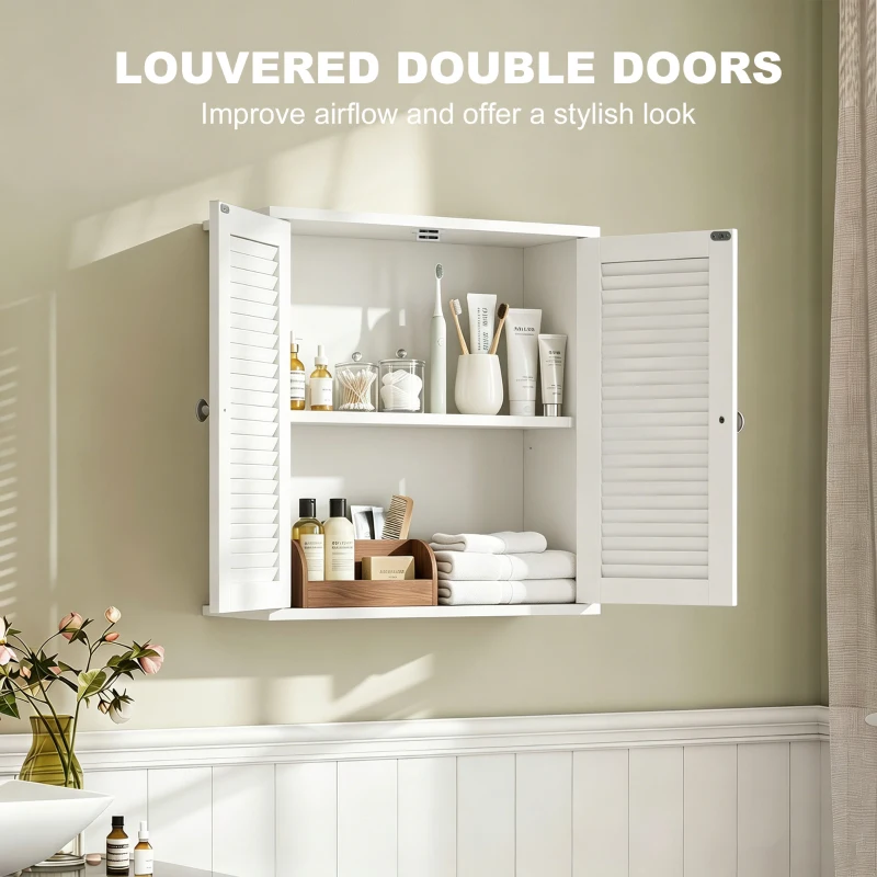 HOMCOM Bathroom Cabinet, Bathroom Wall Cabinet with Louvered Doors and Adjustable Shelf Storage for Kitchen, White