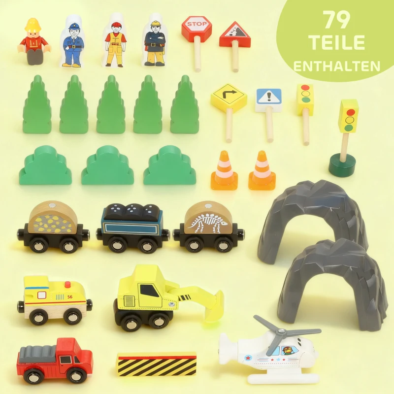 AIYAPLAY houten treinset, 79 delen, 4 niveaus, lift, kraan, uitbreidbaar, kleurig(m-5)