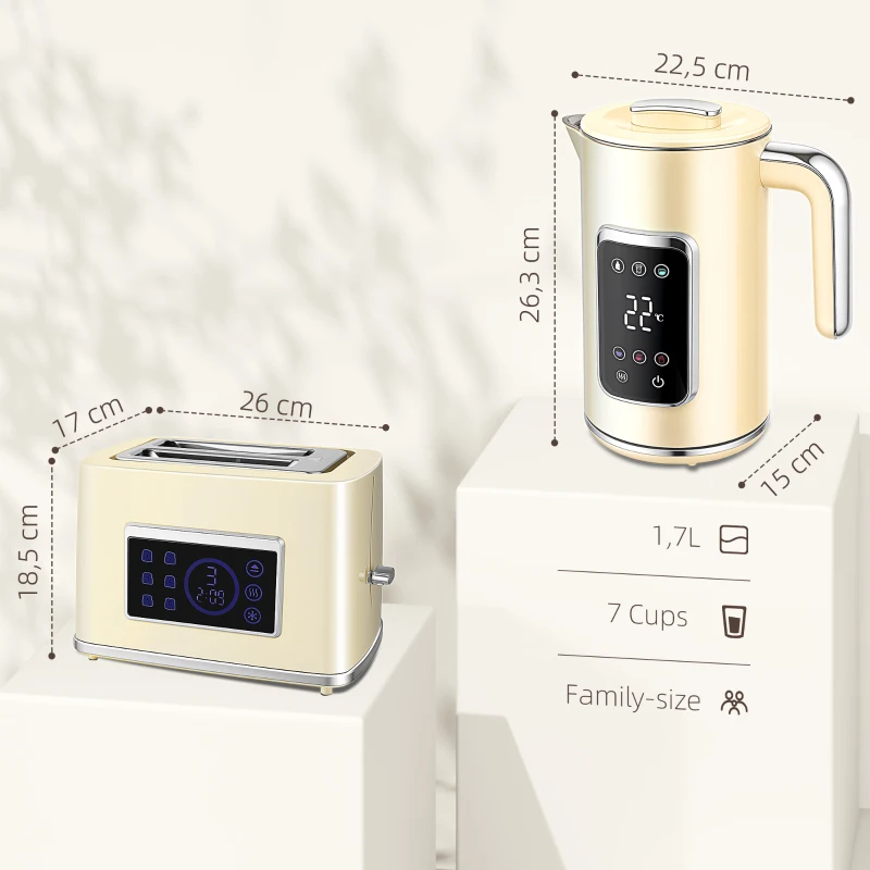 HOMCOM Set Desayuno con Pantalla LED Táctil Hervidor de Agua 1,7L 2200W Tostadora Pan Ranura Ancha 2 Rebanadas Crema