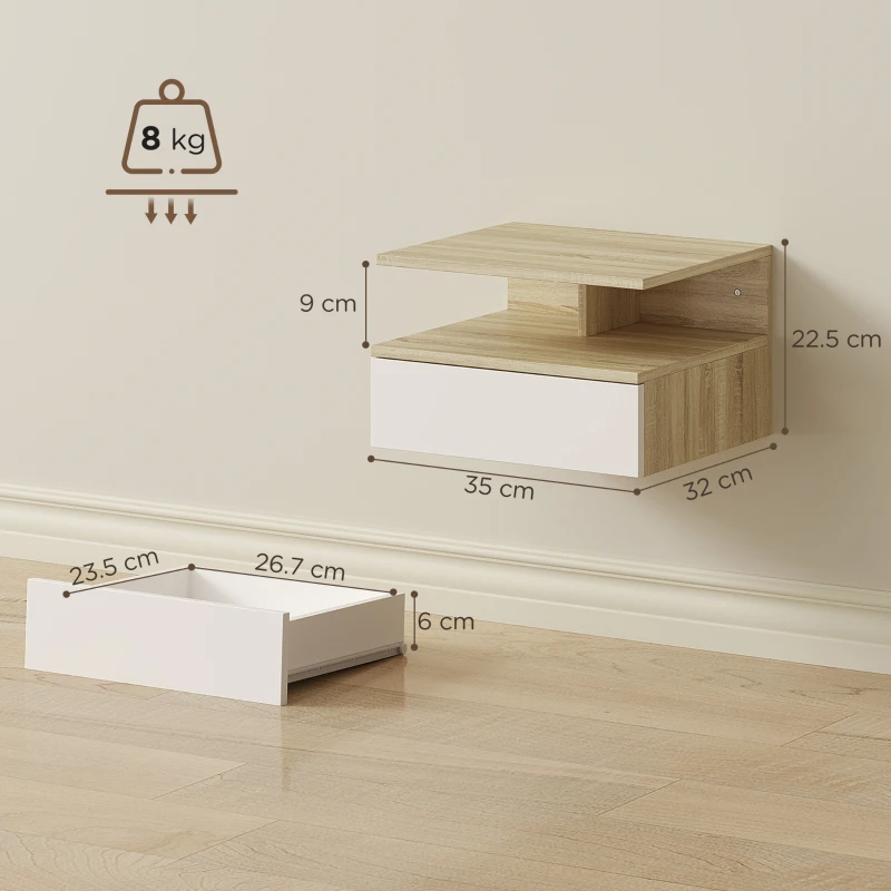 HOMCOM Set de 2 Noptiere Suspendate cu Sertar și Raft Deschis, 35x32x22,5 cm, Alb și Stejar