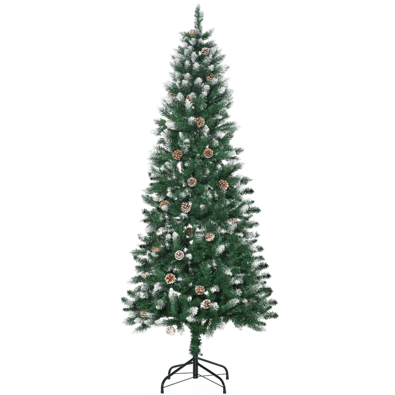 HOMCOM Árvore de Natal Artificial Nevada 180 cm com 508 Ramos 49 Pinhas Base Dobrável e Suporte de Aço Ø73x180 cm Verde e Branco