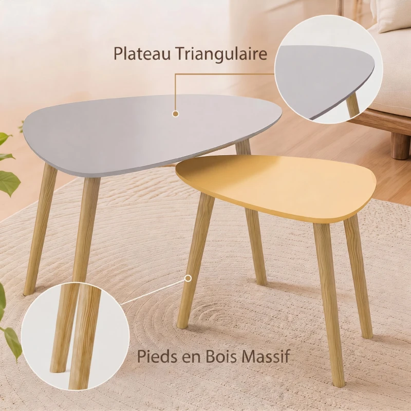 HOMCOM Lot de 2 tables basses gigognes design scandinave pieds en bois et plateau en bois, gris et jaune