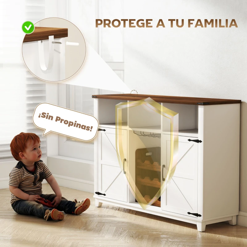 HOMCOM Aparador de Cocina Rústico con Estantes Ajustables y Botellero Mueble Auxiliar para Comedor, Salón 120x37x88 cm Blanco