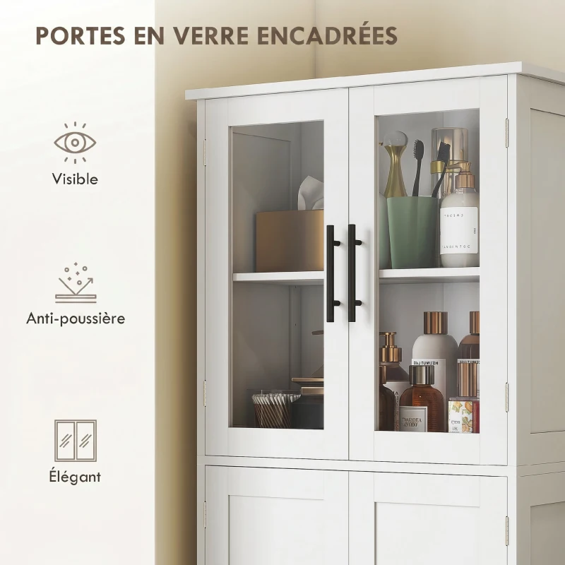 HOMCOM Meuble de salle de bain haut 6 niveaux, meuble de rangement avec 4 portes dont 2 vitrées et étagères réglables, blanc