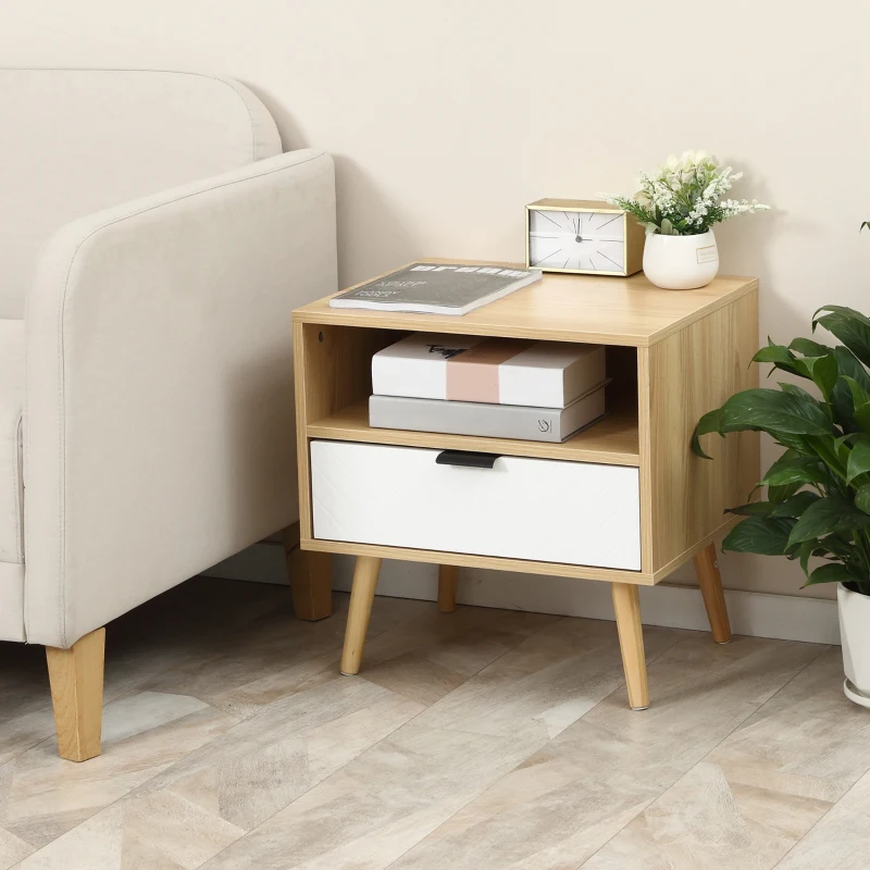 HOMCOM Comodino Moderno con Cassetto Estraibile e Ripiano Aperto, in Legno, 50x39.5x49.5 cm, Bianco e color Legno