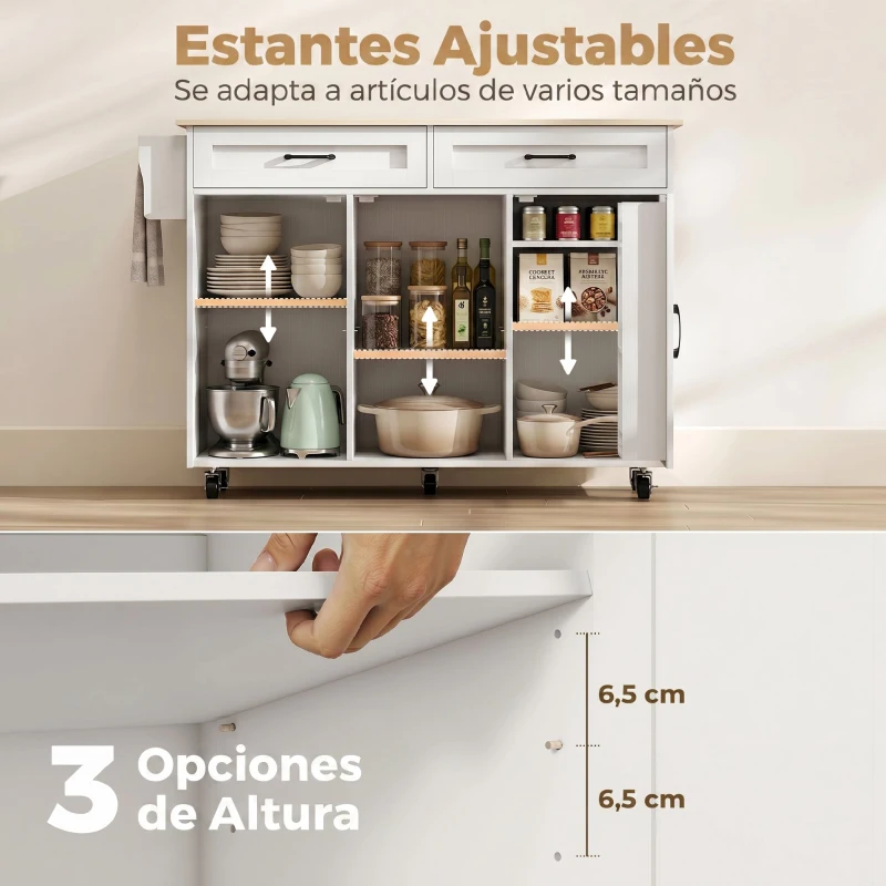 HOMCOM Isla de Cocina con Encimera Extensible Ruedas 2 Cajones 3 Armarios Estantes en la Puerta Toallero Blanco
