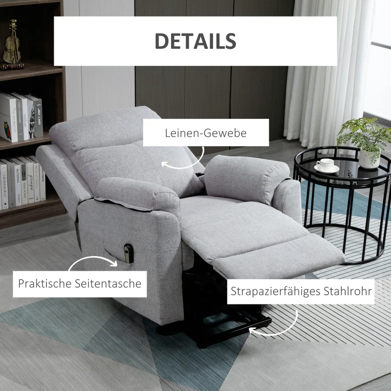 HOMCOM Relaxfauteuil met opsta-hulp, elektrisch, ligfunctie, afstandsbediening, tasjesvering, tot 120 kg, grijs