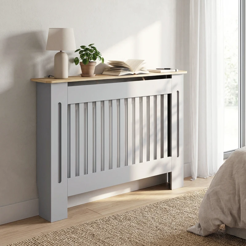 HOMCOM Slatted Radiator Cover, Painted Cabinet with Line Grill Design, 112L × 19W × 81H cm, Grey