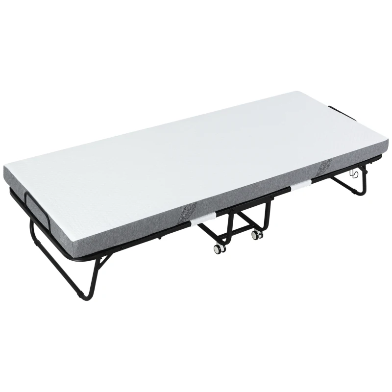HOMCOM Folding Bed with 10cm Mattress, Portable Foldable Guest Bed with Sturdy Metal Frame on Wheels