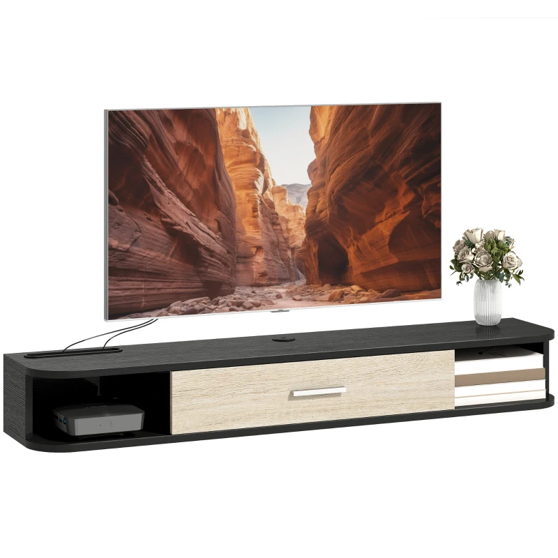 HOMCOM Meuble TV Suspendu 120 cm, Meuble télé jusqu'à 50 Pouces, Porte Rabattable, 2 Étagères Ouvertes et Passe-câbles, Noir