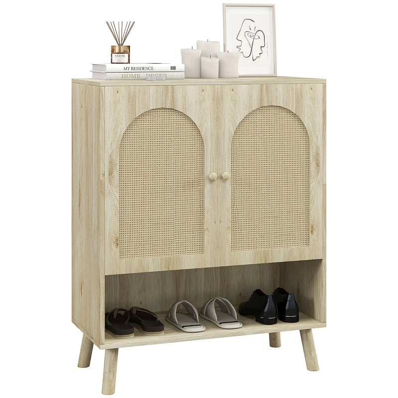 HOMCOM Dulap Multifuncțional în Stil Boho cu Uși din Ratan și Raft Deschis, 80x38x100cm, Stejar