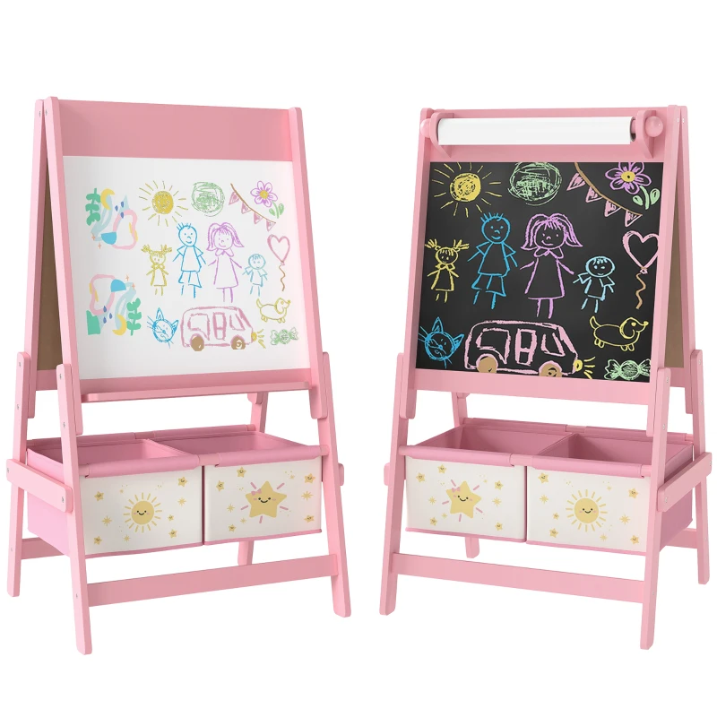 AIYAPLAY Kinder Ezel 3-in-1 Kindertafel met Krijtbord, Whiteboard, Papierrol en 2 Opbergmanden, voor 3-8 Jaar, Roze