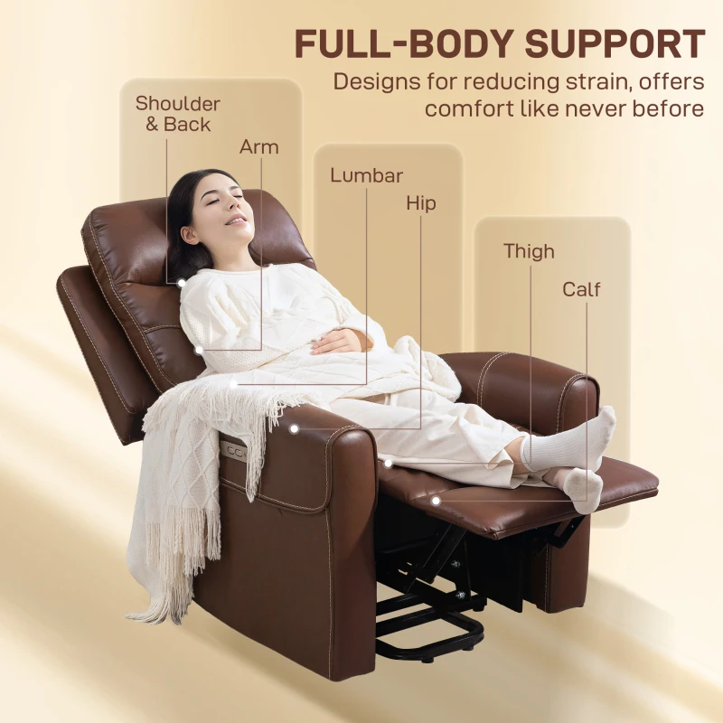 HOMCOM Power Lift Recliner Chair for Elderly, Overstuffed Faux Leather Riser and Reclining Chair with USB A+C Ports, Recliner Armchair for Living Room, Brown