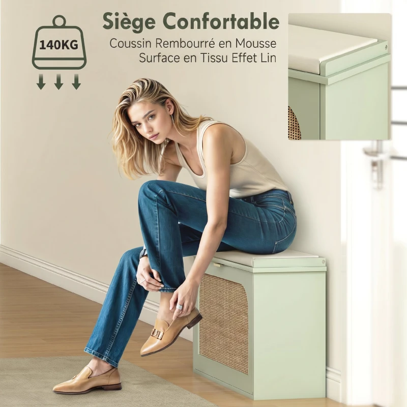 HOMCOM Banc à chaussures, banc de rangement, assise rembourrée, tiroir rabattable, porte en rotin, 80 x 26 x 47,5 cm, vert