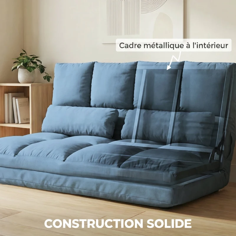 HOMCOM Chauffeuse matelas d'appoint pliant convertible - inclinaison dossier réglable 14 positions - 2 coussins inclus, bleu