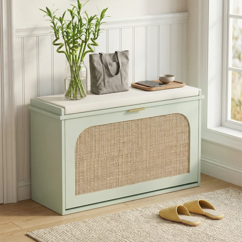 HOMCOM Banc à chaussures, banc de rangement, assise rembourrée, tiroir rabattable, porte en rotin, 80 x 26 x 47,5 cm, vert