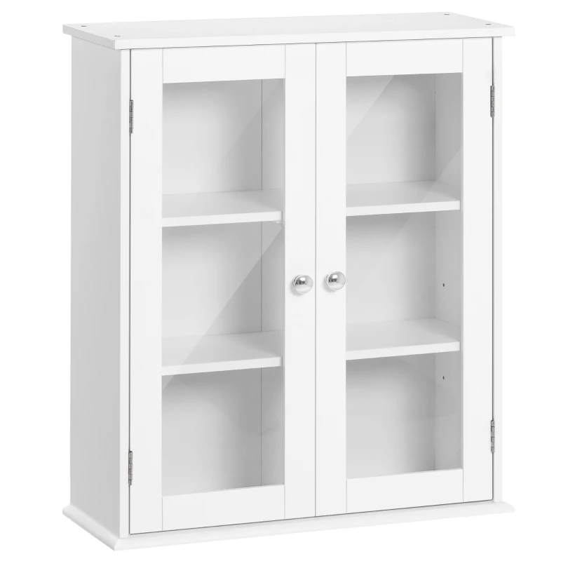 kleankin Armario de Pared Baño de 2 Puertas de Cristal Armario Colgante Multiusos para Cocina Salón con Estantes Interiores y Balda Ajustable 55x20x65 cm Blanco