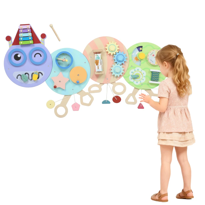 AIYAPLAY 7-in-1 Wandspielzeug, Xylophon, Zahnräder, Raupen-Design, MDF, 108 cm, Bunt