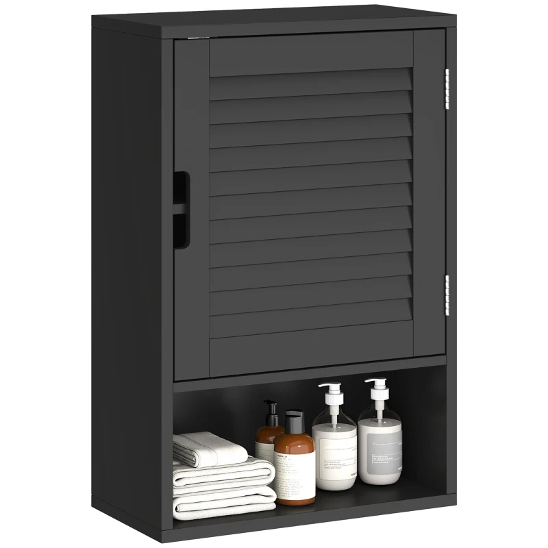HOMCOM Armoire murale de salle de bain avec porte à lattes, étagère réglable et compartiment ouvert, 40x20x60cm, noir