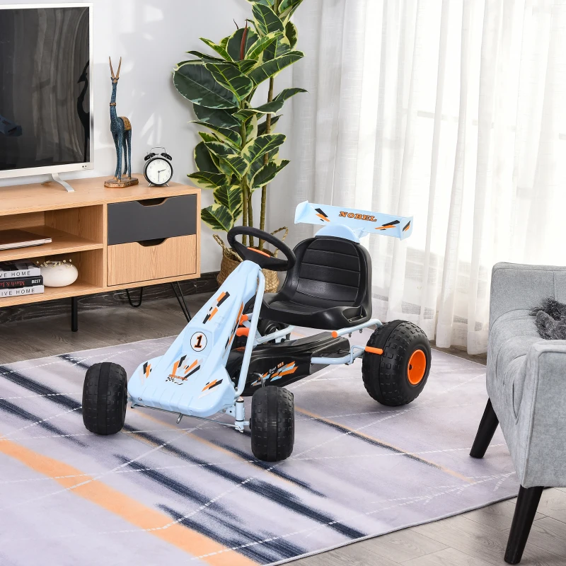 HOMCOM Gokart Tretauto mit Handbremse, verstellbarem Sitz, Pedal, Vor- und Rückwärtsgang, Kettcar Tretfahrzeug Kinderfahrzeug Kinderspielzeug Pedal-Gokart für Kinder ab 3 Jahren Hellblau