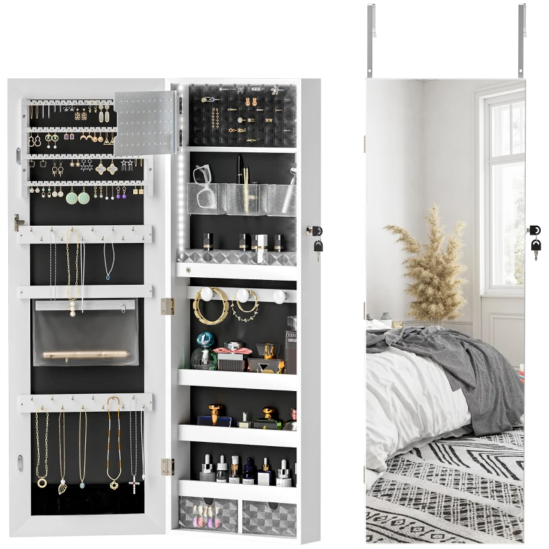 HOMCOM 108 x 37cm Lockable Jewellery Cabinet, with LED Lights - White Surface and Black Lining