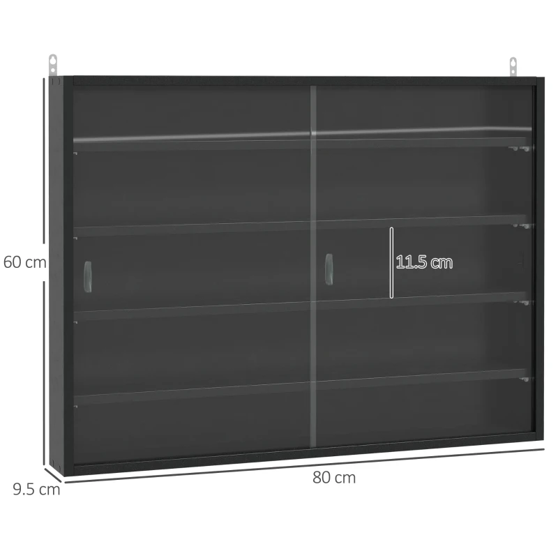 HOMCOM 5-Tier Wall Display Shelf Unit Cabinet w/ 4 Adjustable Shelves Glass Doors Home Office Ornaments 60x80cm Black