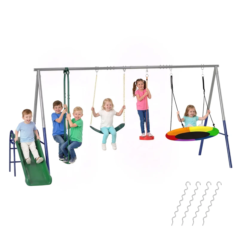 AIYAPLAY 5 in 1 Schaukelgestell mit Rutsche höhenverstellbar Schaukelgerüst mit Nestschaukel 382x196 x203 cm Mehrfarbig