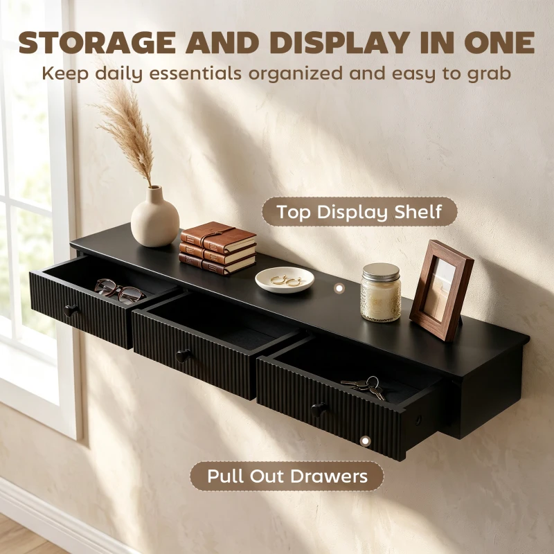 HOMCOM Shelf Wall-Mounted Storage Shelf Shelving Unit MDF 93 x 15 x 10 cm Entryway Kitchen Living Room, Black