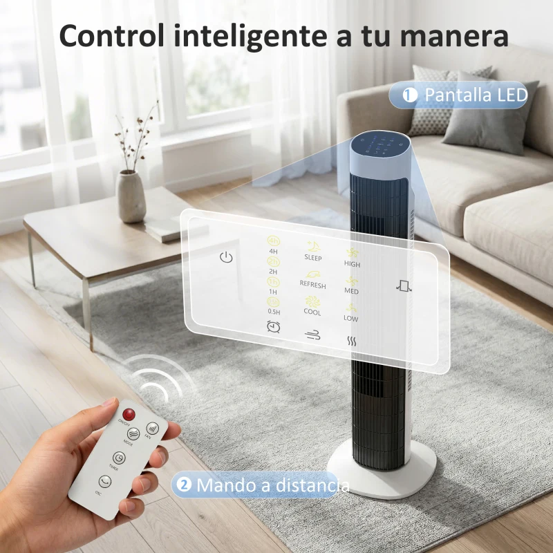 HOMCOM Ventilador de Torre Silencioso con Control Remoto 3 Velocidades 3 Modos Temporizador 7,5H Oscilación 70° Blanco y Negro