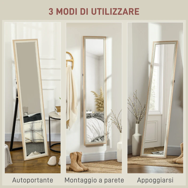 HOMCOM Specchio Moderno a Figura Intera da Parete e Autoportante, 37x157 cm, Bianco e Legno