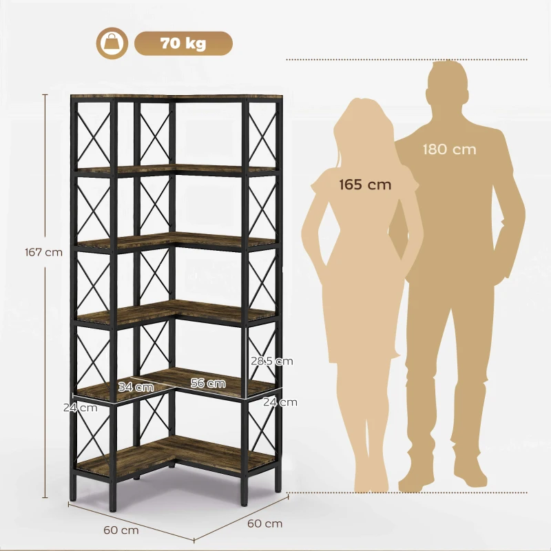 HOMCOM 5-Tier L-Shaped Bookshelf, Freestanding Corner Bookcase with Metal Frame, Rustic Brown