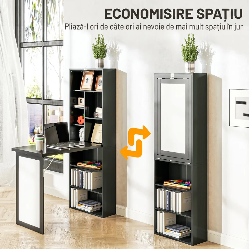 HOMCOM Birou Modern Pliabil cu Bibliotecă și Tablă, din Lemn și Metal, 98x51x153 cm, Negru