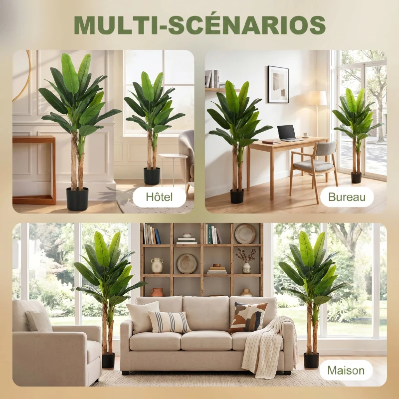 HOMCOM Lot de 2 plantes artificielles intérieurs 150 cm bananiers en pot décoration pour maison, bureau, salon, chambre