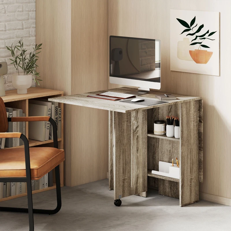 HOMCOM 80-140 cm Folding Dining Table for 4-6 People, Drop Leaf Table with 2-Tier Shelves, Rolling Casters, for Small Spaces, Kitchen, Flat, Dining Room, Grey