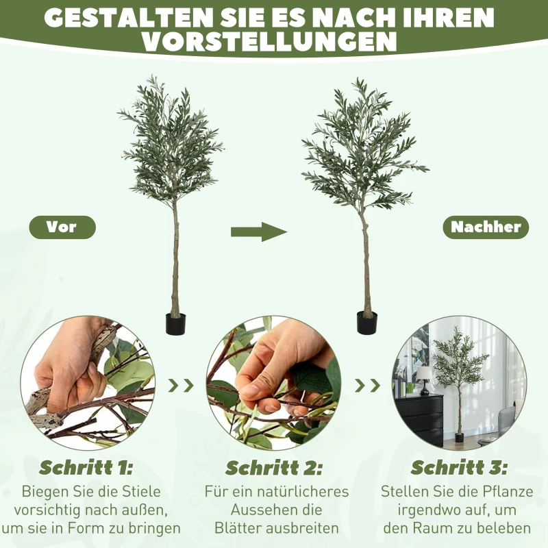 HOMCOM Kunstplant Olijfboom, 180 cm, 900 Bladeren, 40 Olijven, Stabiele Bloempot, Decoratieplant, Groen