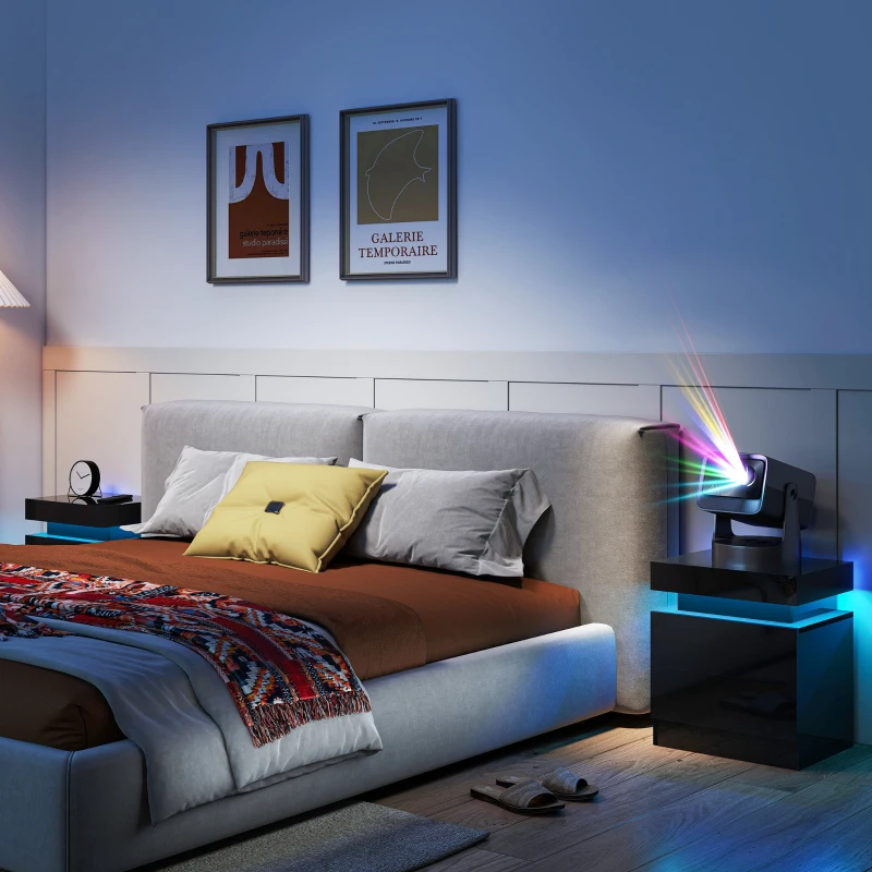 HOMCOM High Gloss Front Bedside Tables Set of 2, Nightstands with RGB LED Light and 2 Drawers, Chest of Drawers for Bedroom, Living Room, Black