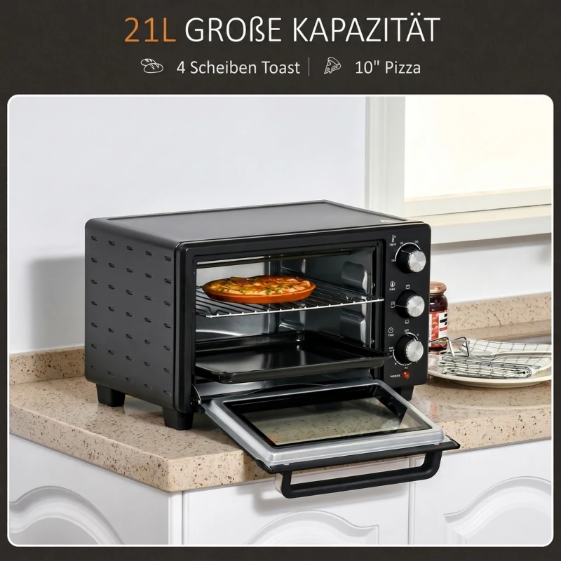 HOMCOM Minibackofen, 21 L Toasterofen mit 1 Drahtgestell und 1 Backblech, 3 Kochmodi, 100 °C-230 °C, Edelstahl, Glas, Schwarz