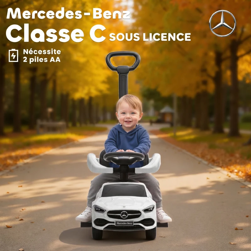 AIYAPLAY Porteur Enfants Mercedes-Benz sous Licence, Porteur Voiture à Pousser avec Poignée Amovible, 91 x 40 x 83 cm, Blanc