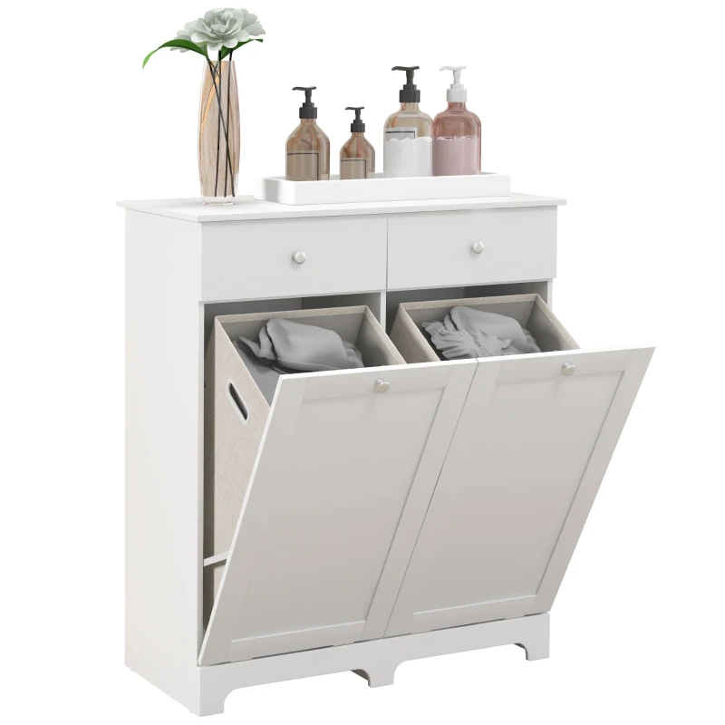 HOMCOM Armoire de salle de bain, meuble de rangement, avec paniers à linge pliables 2 tiroirs, 78L x 40l x 90,5H cm, blanc