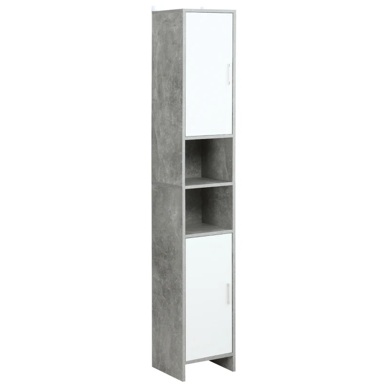 kleankin Meuble Colonne Rangement Salle de Bain dim. 30L x 30l x 180H cm 2 placards avec étagère + 2 niches Panneaux Particules Aspect Ciment Blanc