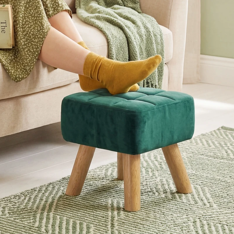 HOMCOM Velvet Square Padded Footstool - Dark Green