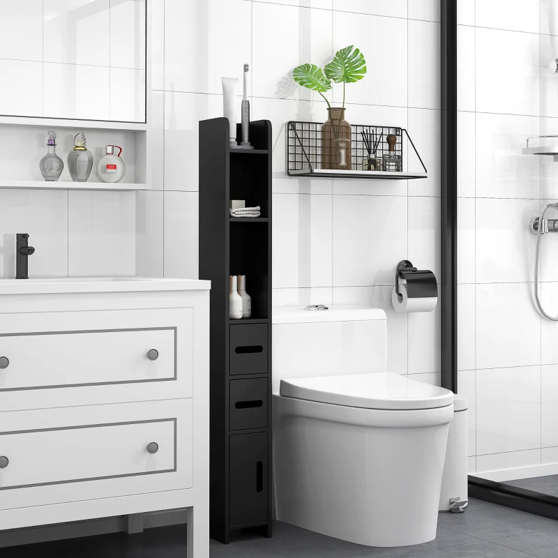 kleankin Meuble colonne de salle de bain armoire toilette haute avec étagères et placards - 15 x 17 x 120 cm noir